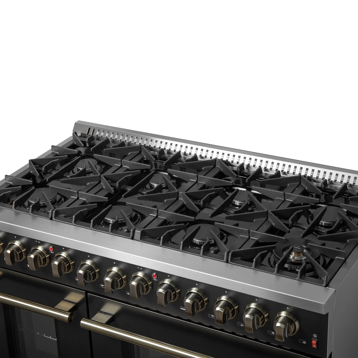 Galiano 48-inch Dual Fuel Range Black & Antique Brass Design with 8 Sealed Burners 107,000 BTU, 6.58 cu. ft. double ovens & Griddle FORNO