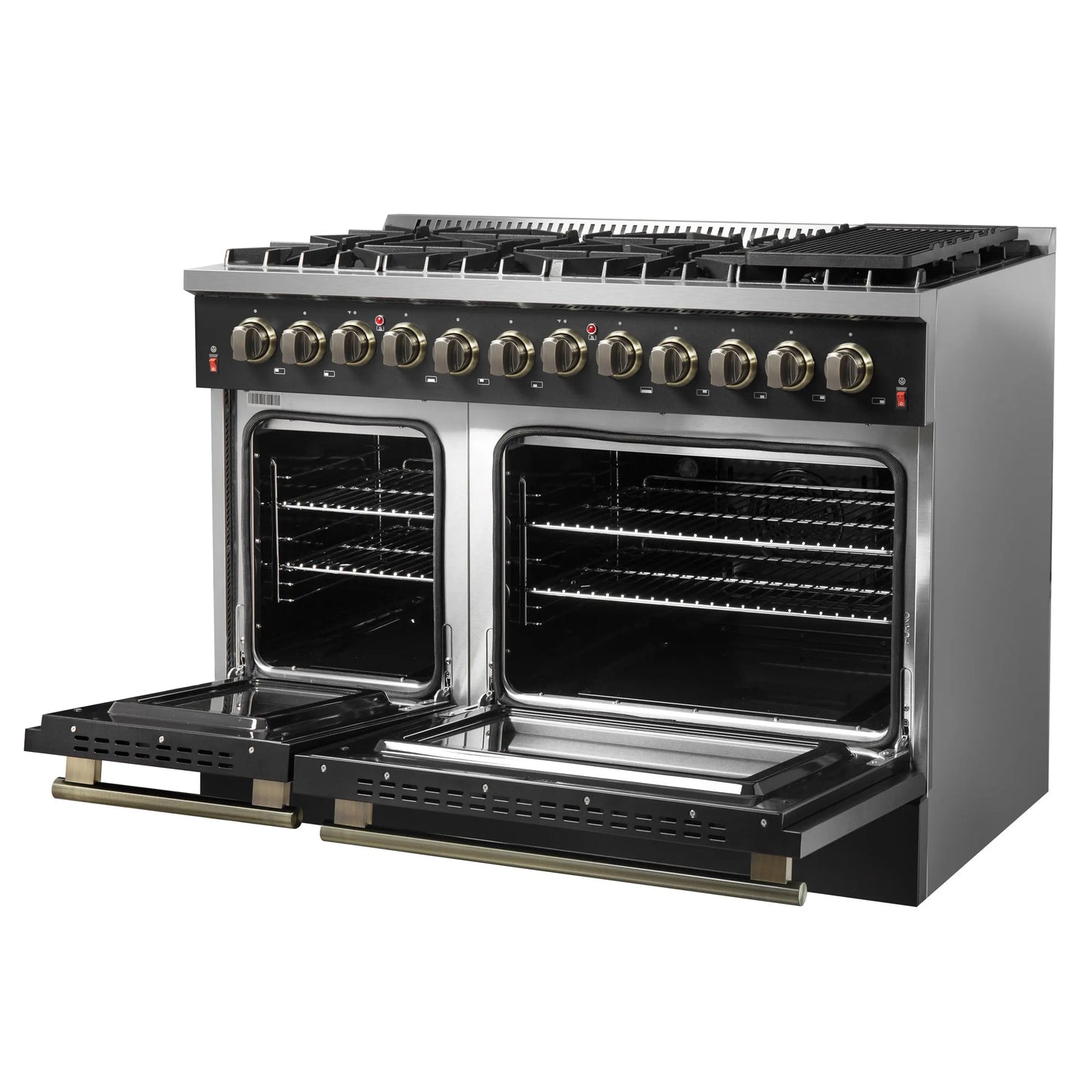 Galiano 48-inch Dual Fuel Range Black & Antique Brass Design with 8 Sealed Burners 107,000 BTU, 6.58 cu. ft. double ovens & Griddle FORNO