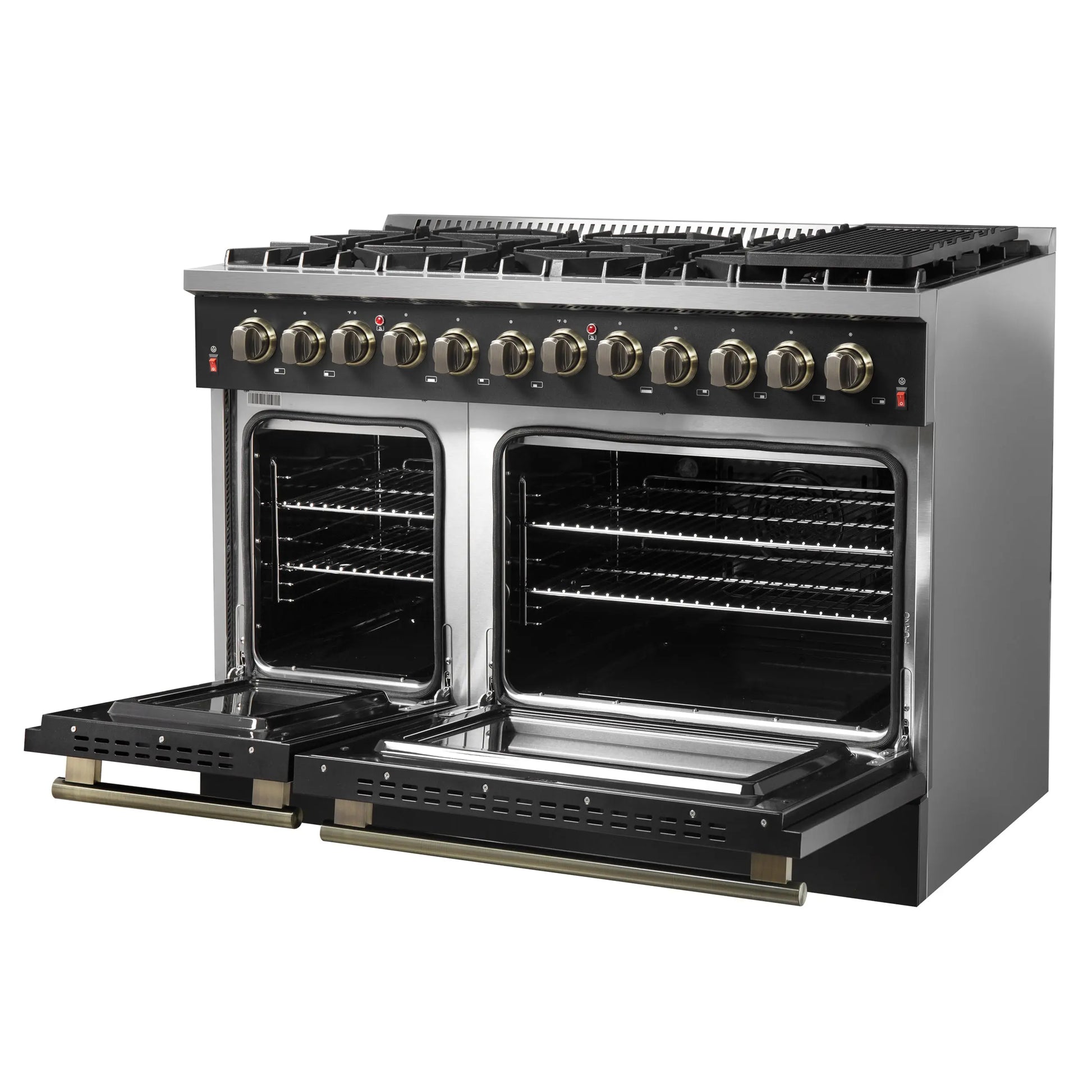 Galiano 48-inch Dual Fuel Range Black & Antique Brass Design with 8 Sealed Burners 107,000 BTU, 6.58 cu. ft. double ovens & Griddle FORNO