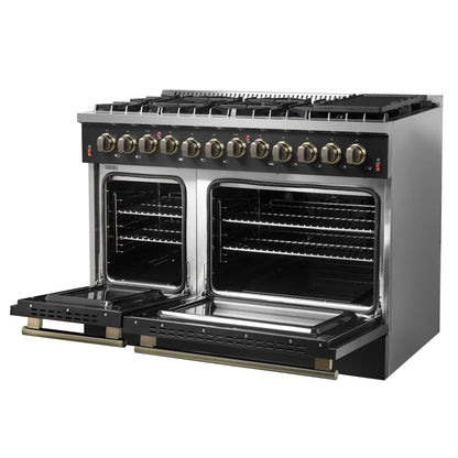 Galiano 48-inch Dual Fuel Range Black & Antique Brass Design with 8 Sealed Burners 107,000 BTU, 6.58 cu. ft. double ovens & Griddle FORNO