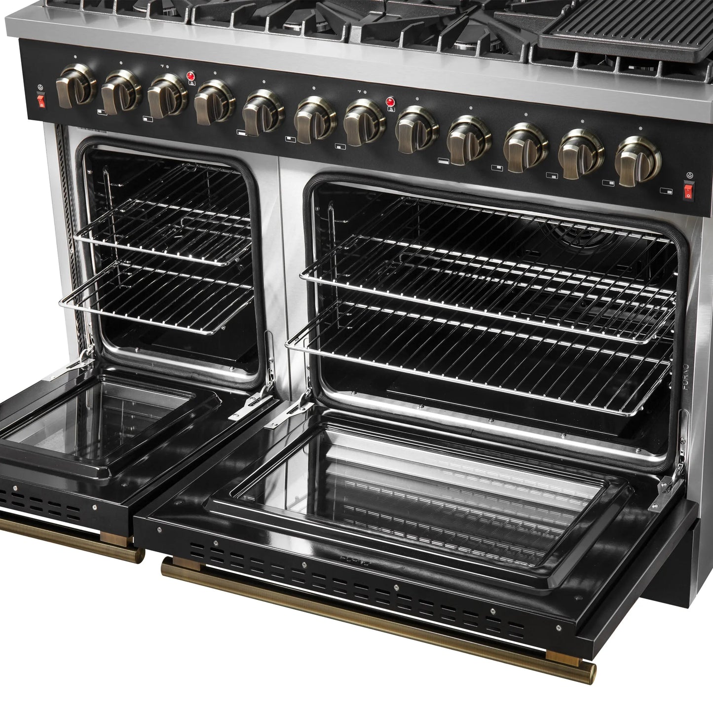 Galiano 48-inch Dual Fuel Range Black & Antique Brass Design with 8 Sealed Burners 107,000 BTU, 6.58 cu. ft. double ovens & Griddle FORNO