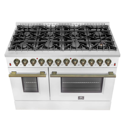 Galiano 48-inch Dual Fuel Range White & Antique Brass Design with 8 Sealed Burners 107,000 BTU, 6.58 cu. ft. double ovens & Griddle FORNO