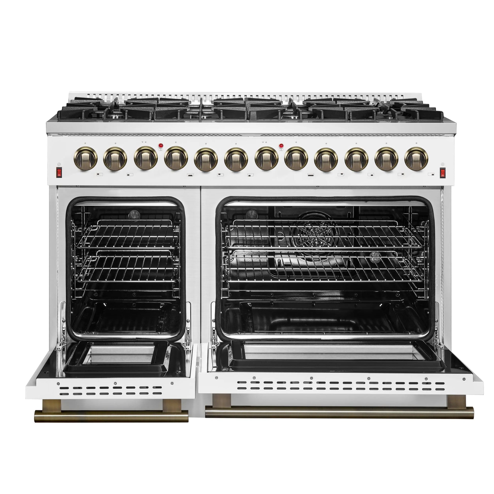 Galiano 48-inch Dual Fuel Range White & Antique Brass Design with 8 Sealed Burners 107,000 BTU, 6.58 cu. ft. double ovens & Griddle FORNO