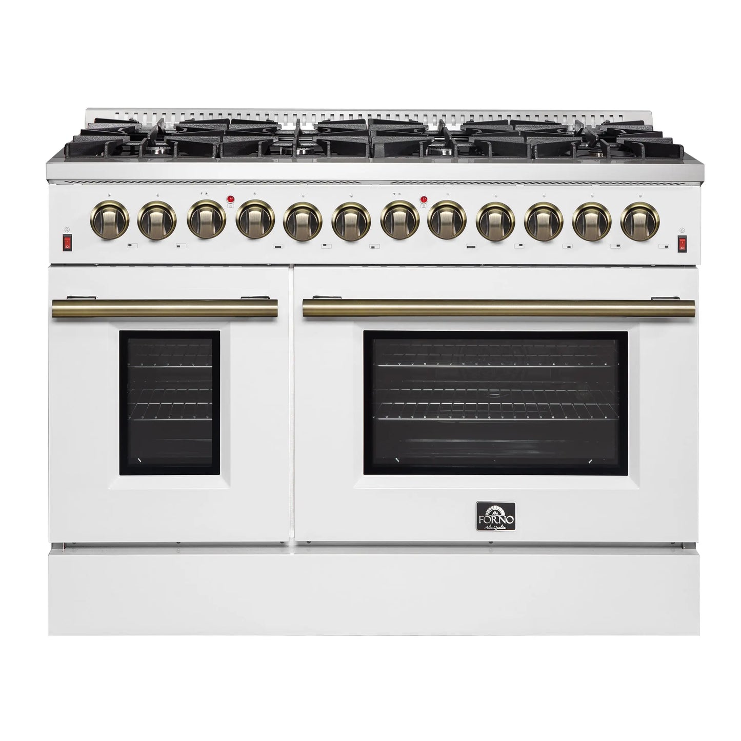 Galiano 48-inch Dual Fuel Range White & Antique Brass Design with 8 Sealed Burners 107,000 BTU, 6.58 cu. ft. double ovens & Griddle FORNO