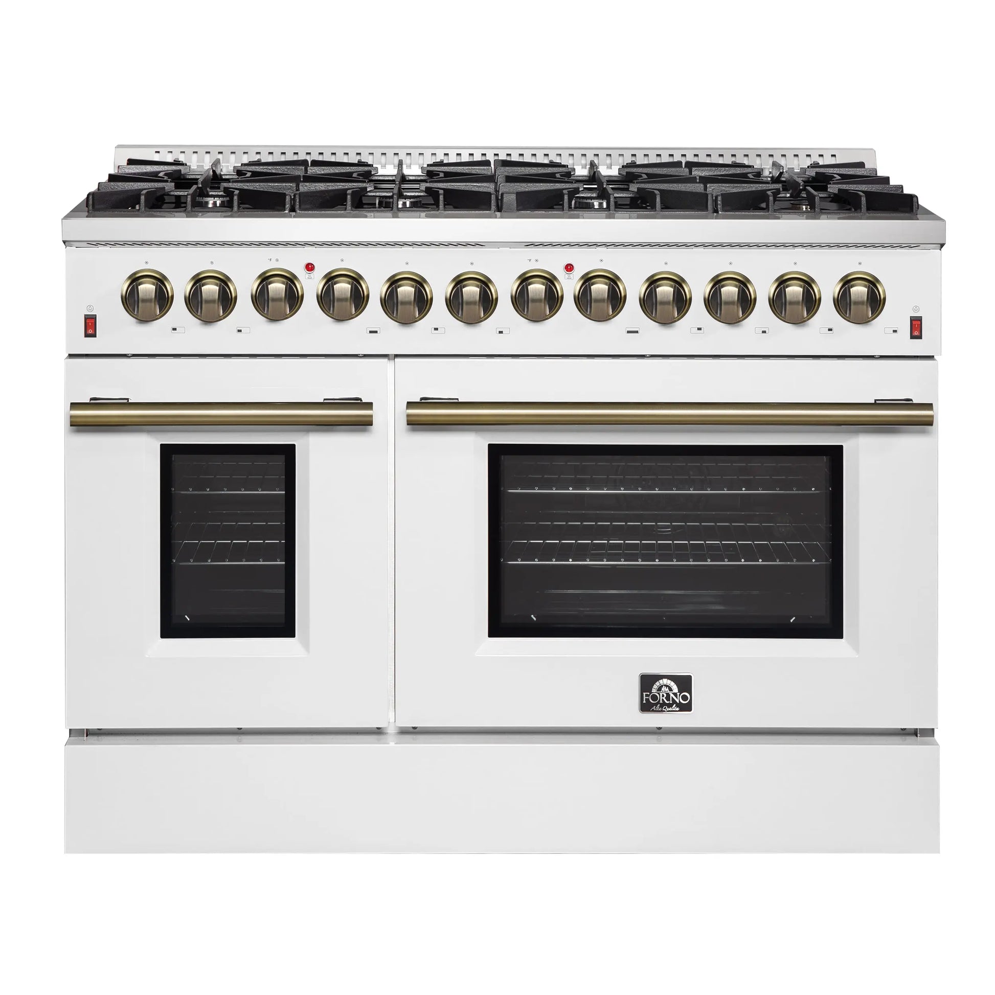 Galiano 48-inch Dual Fuel Range White & Antique Brass Design with 8 Sealed Burners 107,000 BTU, 6.58 cu. ft. double ovens & Griddle FORNO