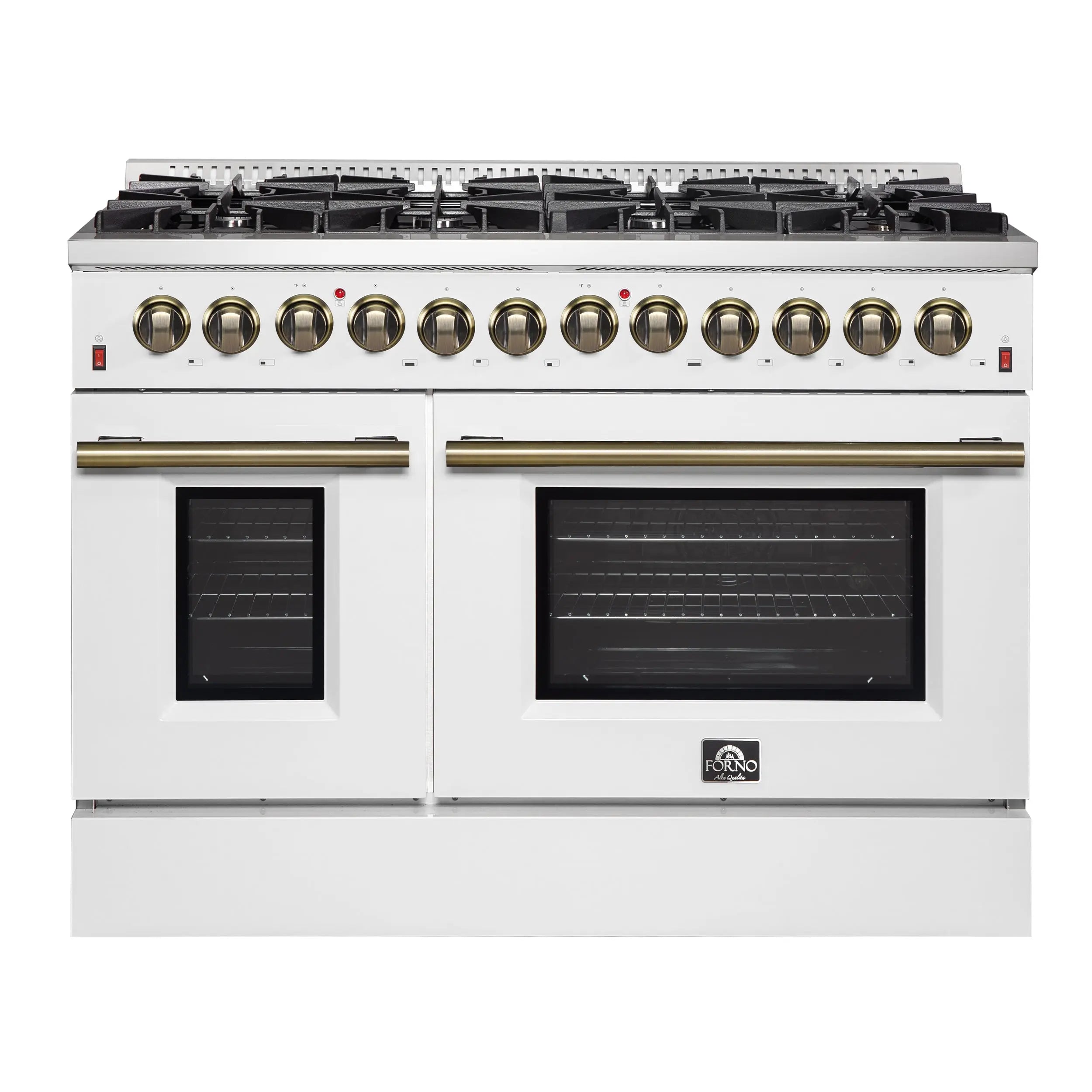 Galiano 48-inch Dual Fuel Range White & Antique Brass Design with 8 Sealed Burners 107,000 BTU, 6.58 cu. ft. double ovens & Griddle FORNO