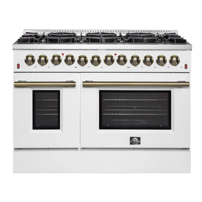 Galiano 48-inch Dual Fuel Range White & Antique Brass Design with 8 Sealed Burners 107,000 BTU, 6.58 cu. ft. double ovens & Griddle FORNO