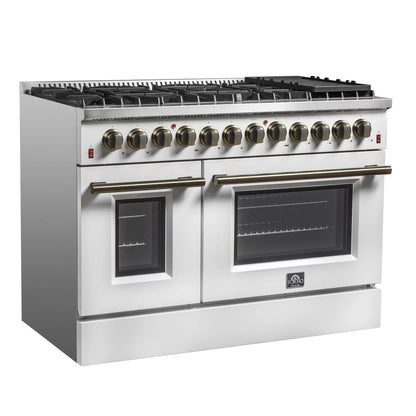 Galiano 48-inch Dual Fuel Range White & Antique Brass Design with 8 Sealed Burners 107,000 BTU, 6.58 cu. ft. double ovens & Griddle FORNO