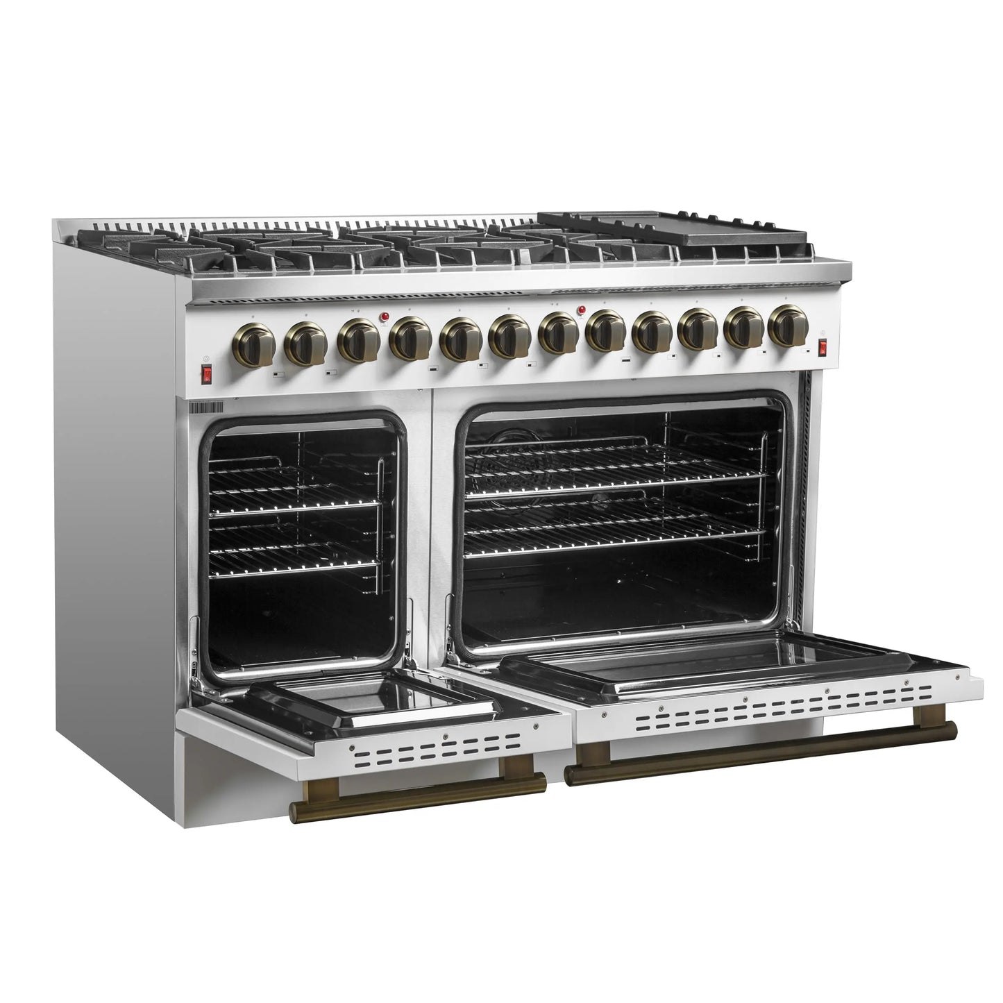 Galiano 48-inch Dual Fuel Range White & Antique Brass Design with 8 Sealed Burners 107,000 BTU, 6.58 cu. ft. double ovens & Griddle FORNO