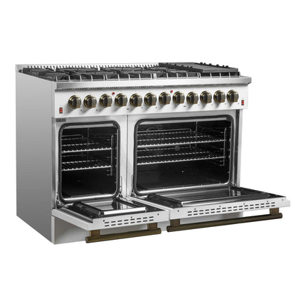 Galiano 48-inch Dual Fuel Range White & Antique Brass Design with 8 Sealed Burners 107,000 BTU, 6.58 cu. ft. double ovens & Griddle FORNO