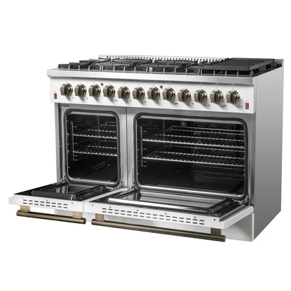 Galiano 48-inch Dual Fuel Range White & Antique Brass Design with 8 Sealed Burners 107,000 BTU, 6.58 cu. ft. double ovens & Griddle FORNO