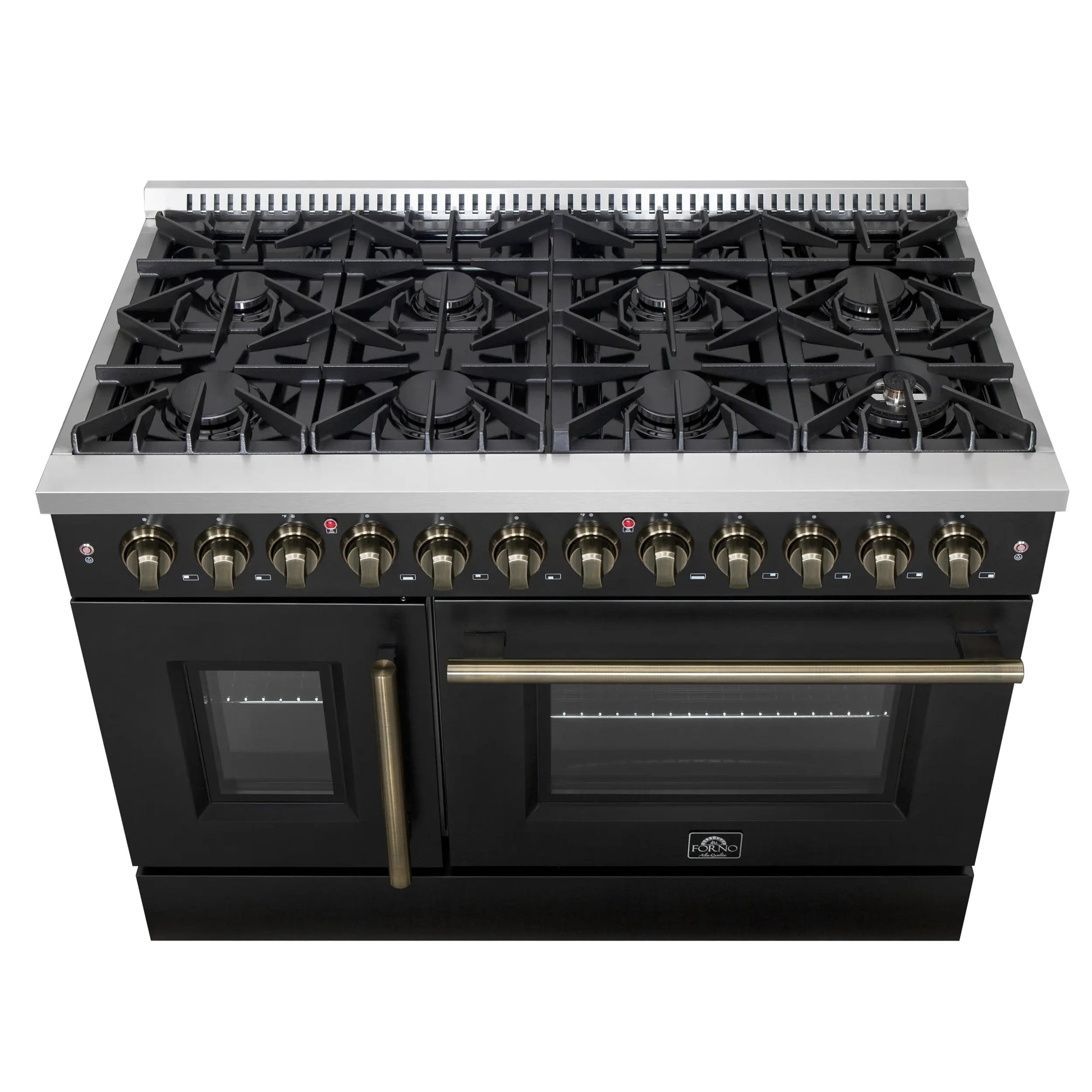 Forno Galiano 48-inch French Door Dual Fuel Range, Black & Antique Brass Design, 8 Sealed Burners - 107,000 BTU, Griddle, 6.58 cu.ft. Double Ovens FORNO