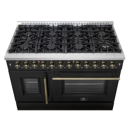 Forno Galiano 48-inch French Door Dual Fuel Range, Black & Antique Brass Design, 8 Sealed Burners - 107,000 BTU, Griddle, 6.58 cu.ft. Double Ovens FORNO