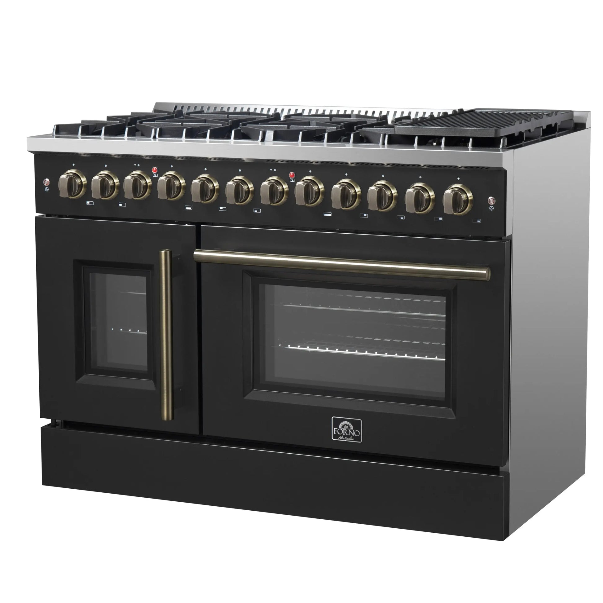 Forno Galiano 48-inch French Door Dual Fuel Range, Black & Antique Brass Design, 8 Sealed Burners - 107,000 BTU, Griddle, 6.58 cu.ft. Double Ovens FORNO