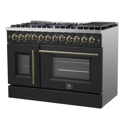 Forno Galiano 48-inch French Door Dual Fuel Range, Black & Antique Brass Design, 8 Sealed Burners - 107,000 BTU, Griddle, 6.58 cu.ft. Double Ovens FORNO
