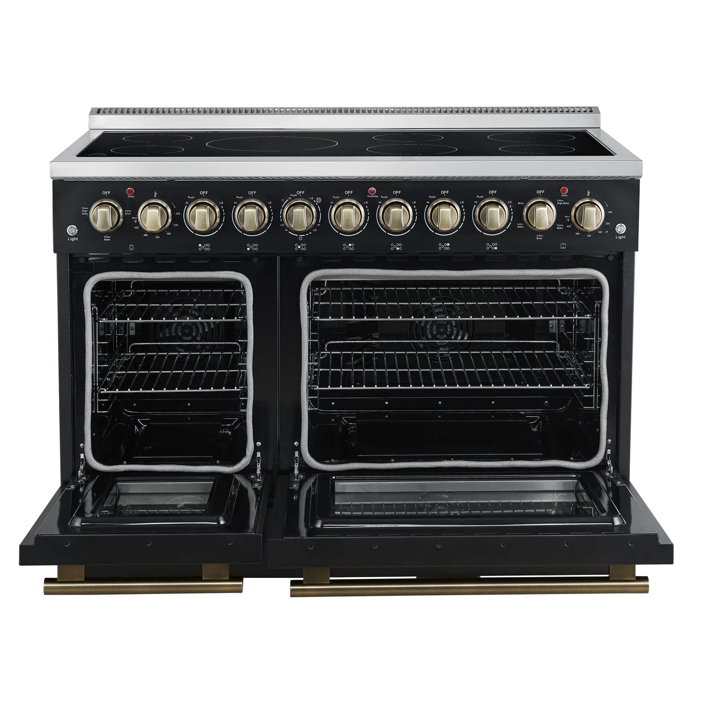 Forno Paolo 48 Inch Freestanding Electric Range in Black with Antique Brass, 6.7 cu.ft, True Convection Oven, Energy Efficient FORNO