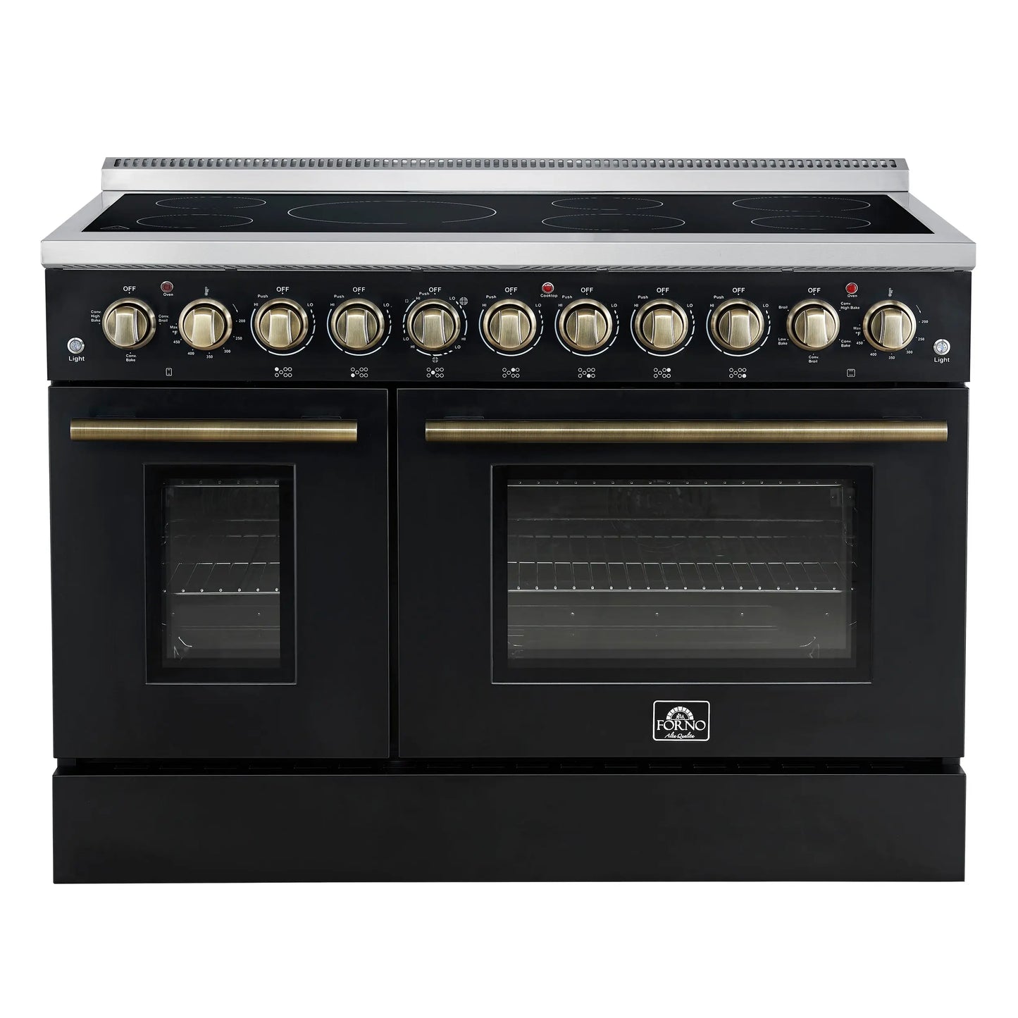 Forno Paolo 48 Inch Freestanding Electric Range in Black with Antique Brass, 6.7 cu.ft, True Convection Oven, Energy Efficient FORNO