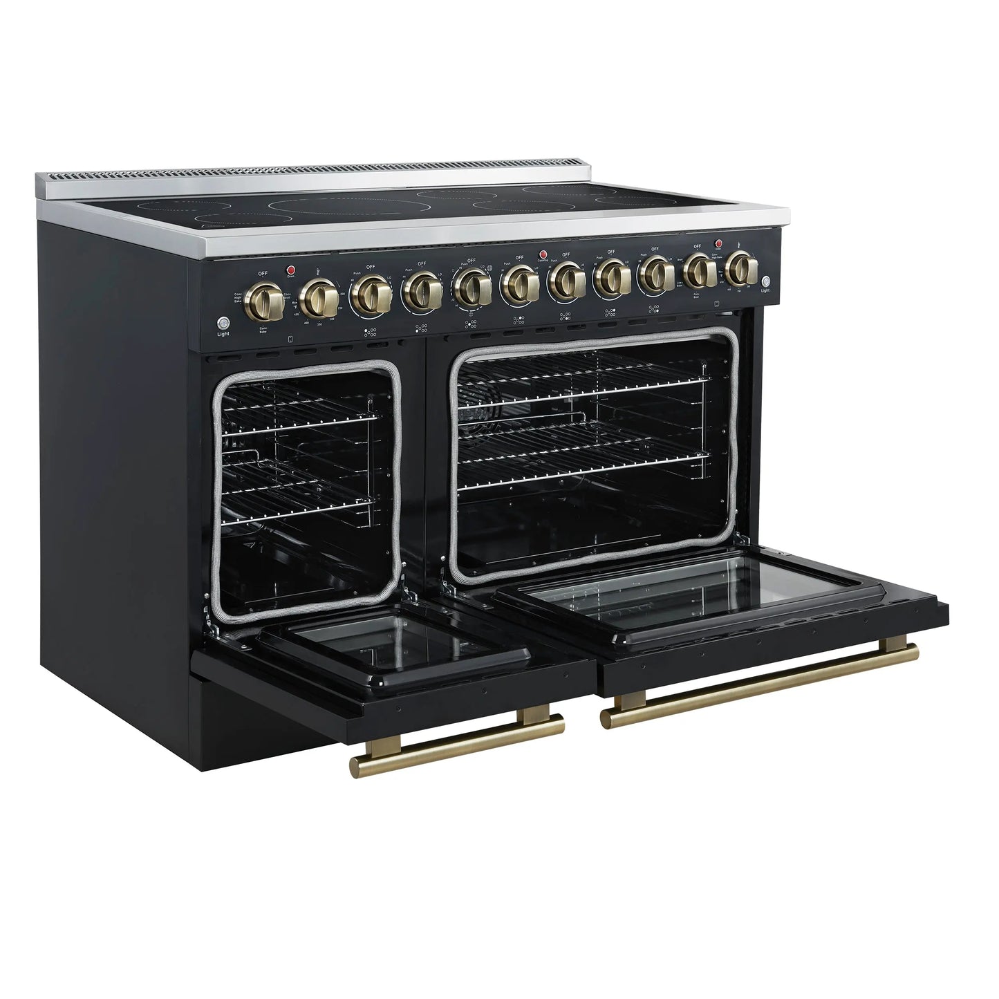 Forno Paolo 48 Inch Freestanding Electric Range in Black with Antique Brass, 6.7 cu.ft, True Convection Oven, Energy Efficient FORNO