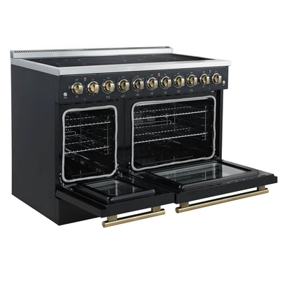 Forno Paolo 48 Inch Freestanding Electric Range in Black with Antique Brass, 6.7 cu.ft, True Convection Oven, Energy Efficient FORNO