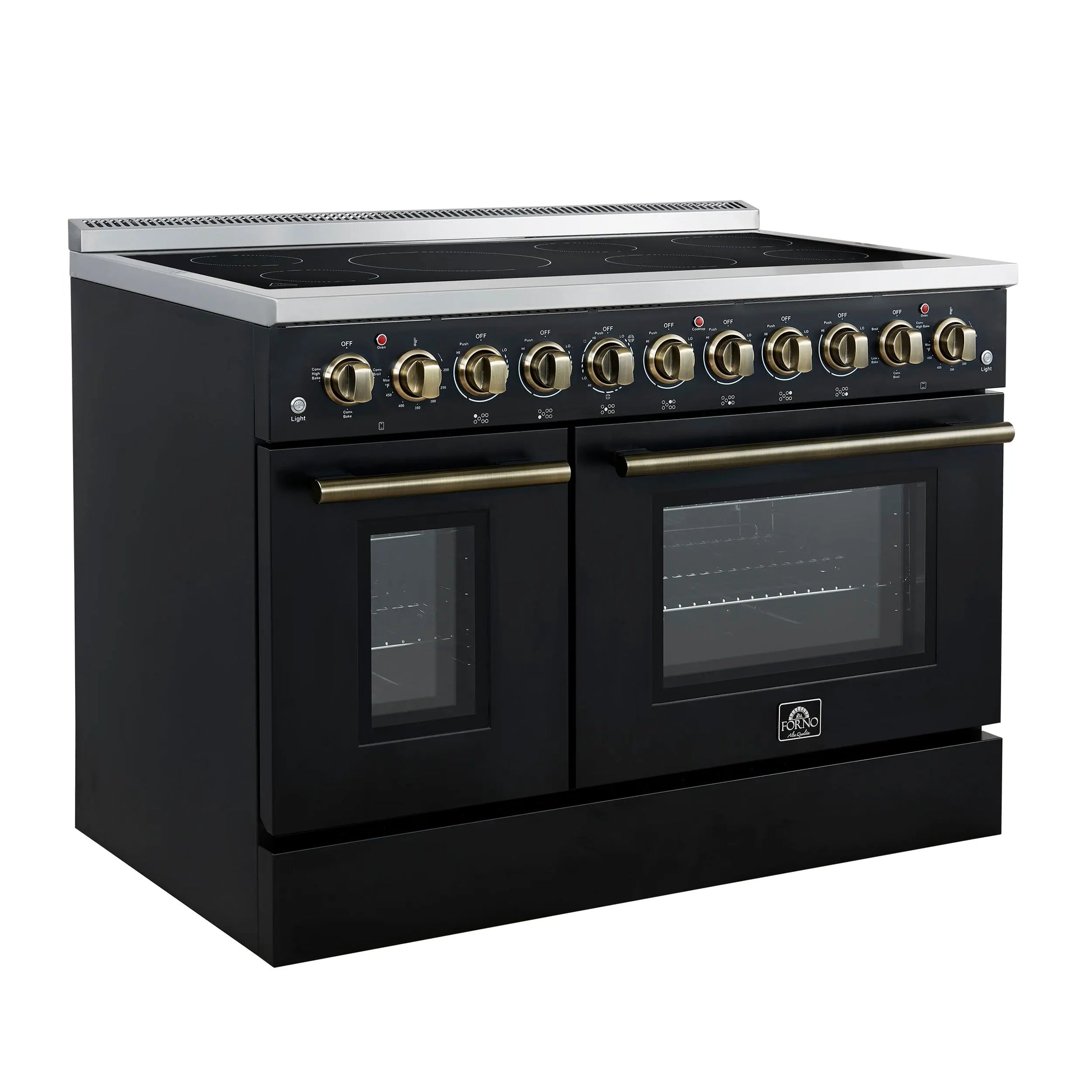 Forno Paolo 48 Inch Freestanding Electric Range in Black with Antique Brass, 6.7 cu.ft, True Convection Oven, Energy Efficient FORNO