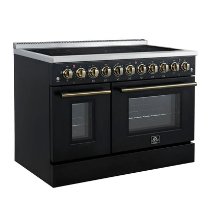Forno Paolo 48 Inch Freestanding Electric Range in Black with Antique Brass, 6.7 cu.ft, True Convection Oven, Energy Efficient FORNO