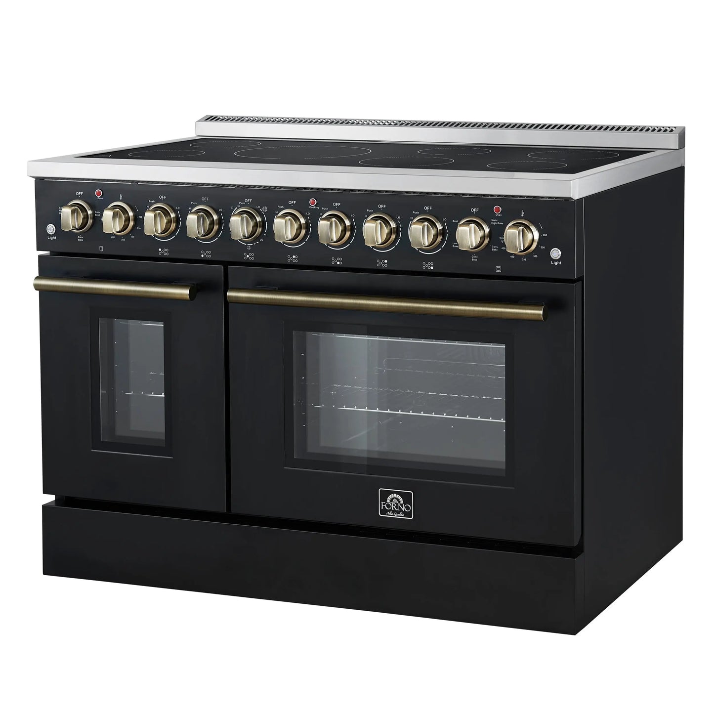 Forno Paolo 48 Inch Freestanding Electric Range in Black with Antique Brass, 6.7 cu.ft, True Convection Oven, Energy Efficient FORNO