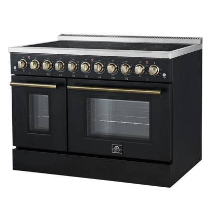 Forno Paolo 48 Inch Freestanding Electric Range in Black with Antique Brass, 6.7 cu.ft, True Convection Oven, Energy Efficient FORNO