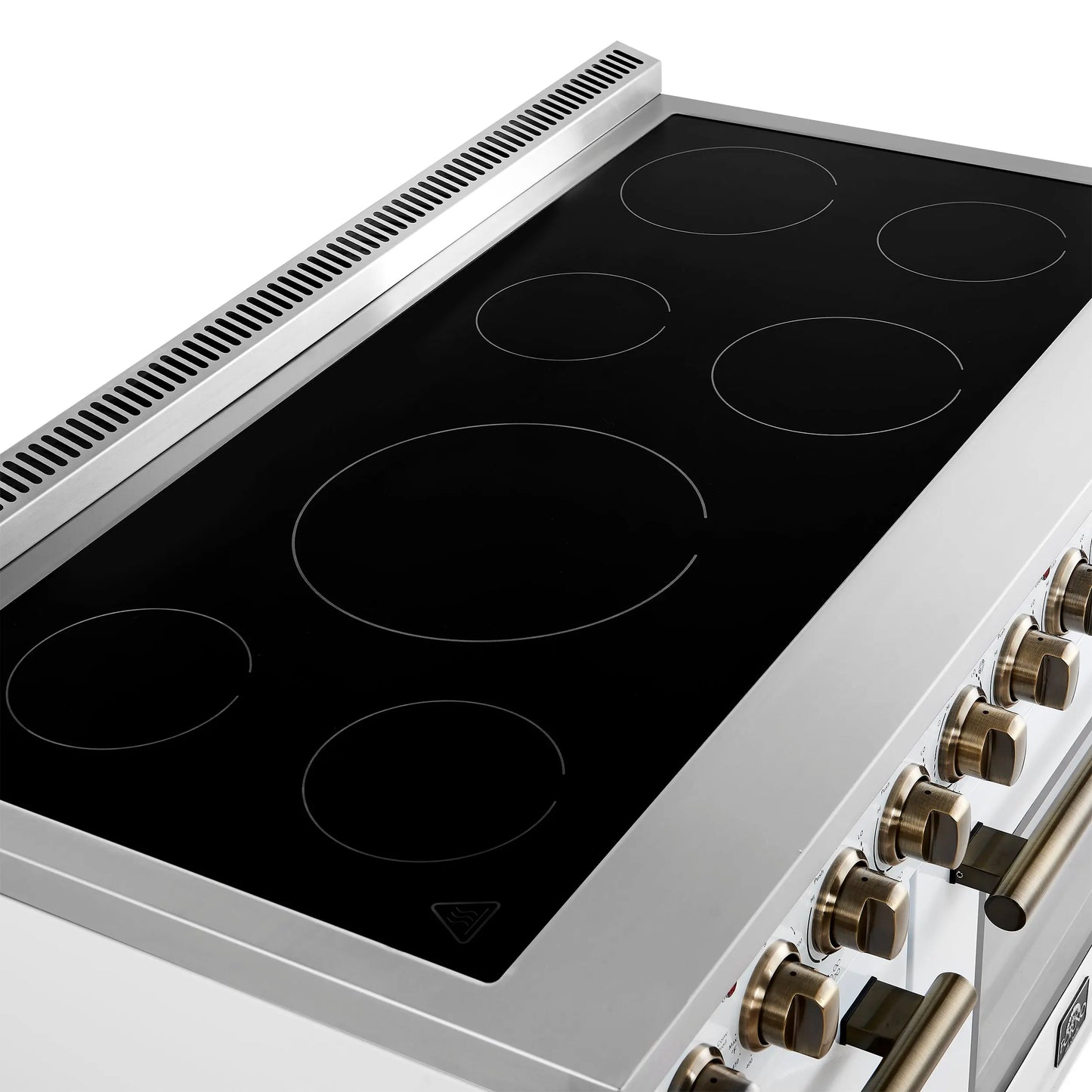 Forno Paolo 48 Inch Freestanding Electric Range in White with Antique Brass, 6.7 cu.ft, True Convection Oven, Energy Efficient FORNO