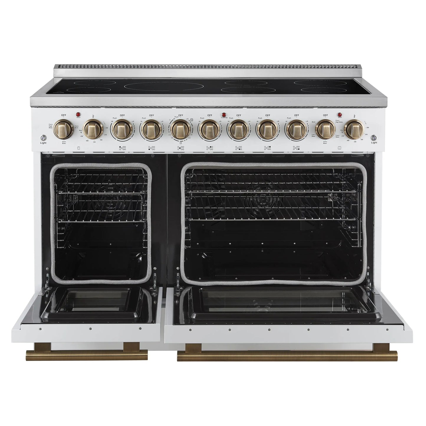 Forno Paolo 48 Inch Freestanding Electric Range in White with Antique Brass, 6.7 cu.ft, True Convection Oven, Energy Efficient FORNO