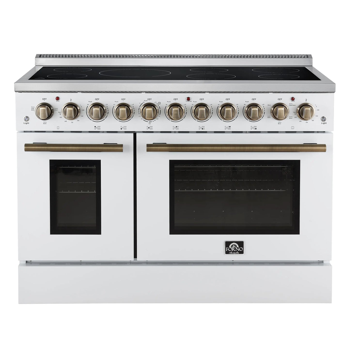 Forno Paolo 48 Inch Freestanding Electric Range in White with Antique Brass, 6.7 cu.ft, True Convection Oven, Energy Efficient FORNO