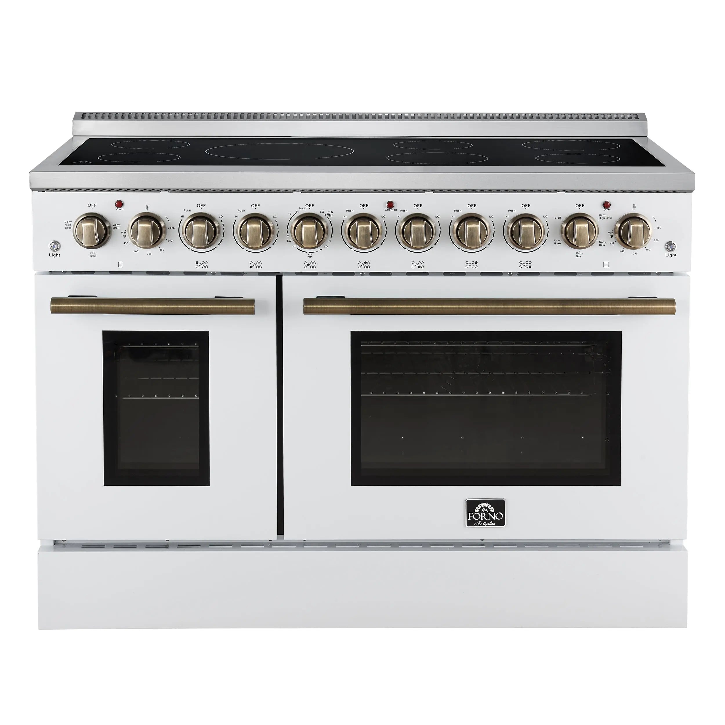 Forno Paolo 48 Inch Freestanding Electric Range in White with Antique Brass, 6.7 cu.ft, True Convection Oven, Energy Efficient FORNO