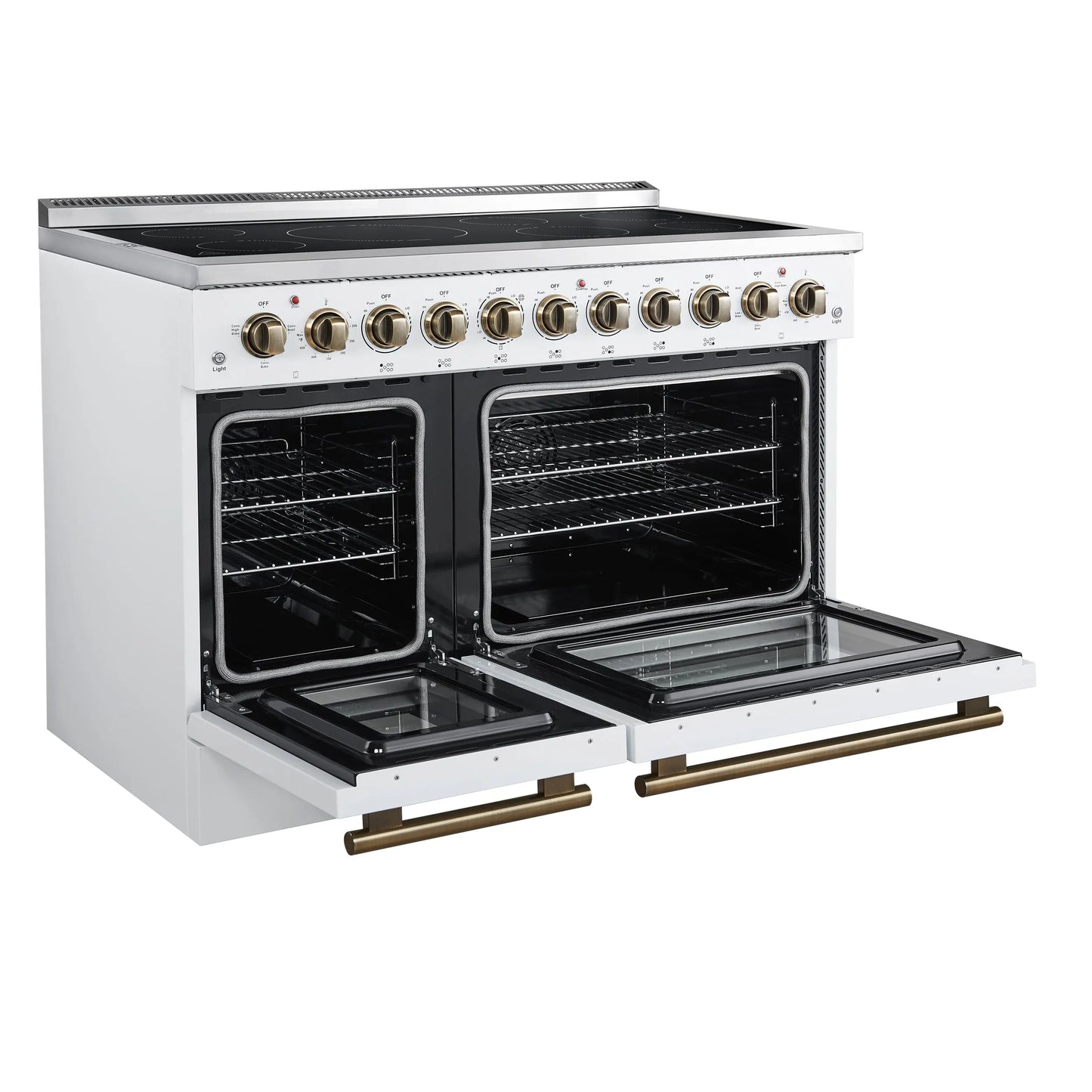 Forno Paolo 48 Inch Freestanding Electric Range in White with Antique Brass, 6.7 cu.ft, True Convection Oven, Energy Efficient FORNO