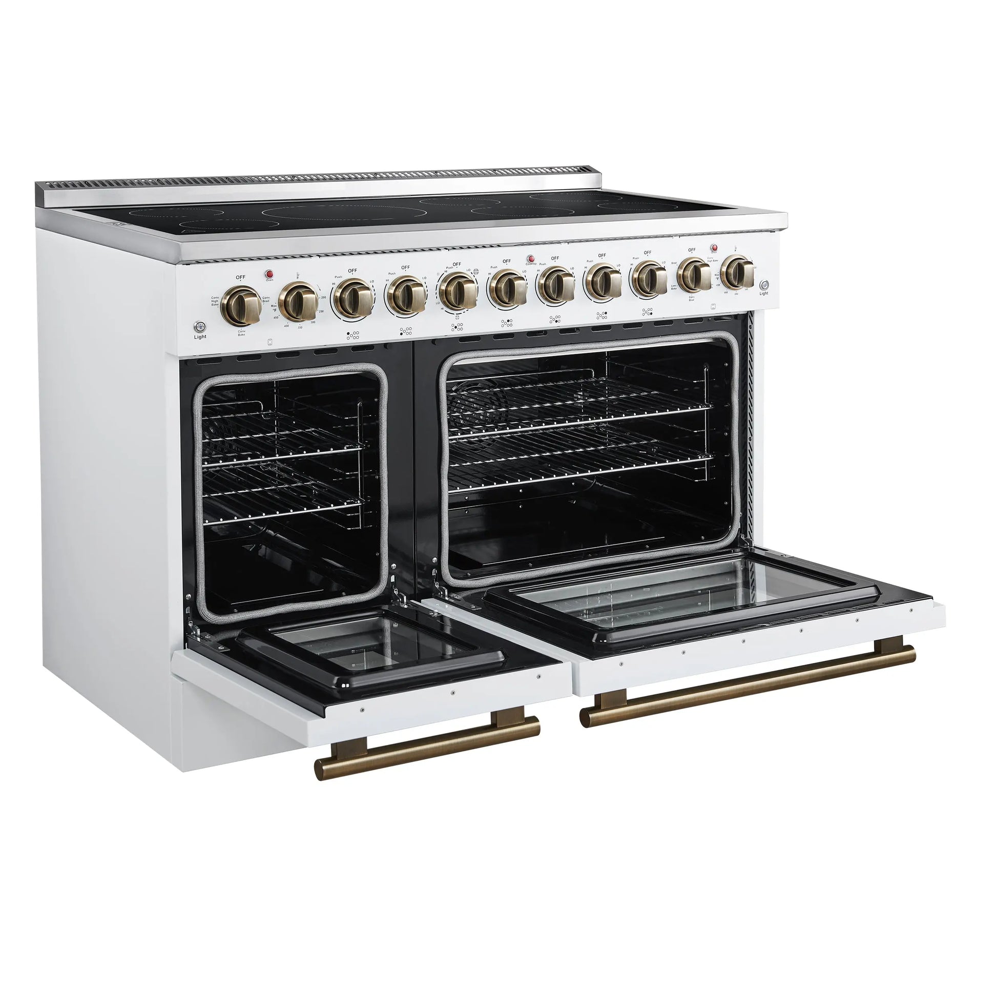 Forno Paolo 48 Inch Freestanding Electric Range in White with Antique Brass, 6.7 cu.ft, True Convection Oven, Energy Efficient FORNO