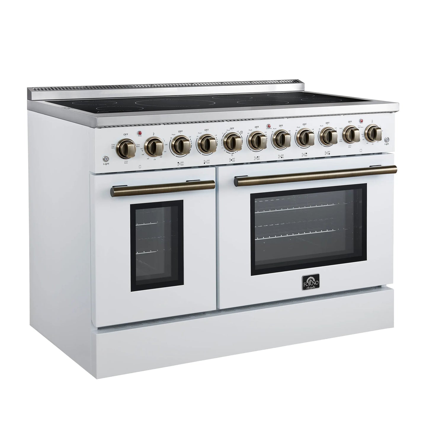 Forno Paolo 48 Inch Freestanding Electric Range in White with Antique Brass, 6.7 cu.ft, True Convection Oven, Energy Efficient FORNO