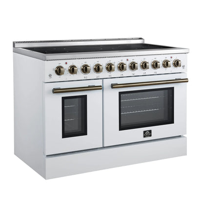 Forno Paolo 48 Inch Freestanding Electric Range in White with Antique Brass, 6.7 cu.ft, True Convection Oven, Energy Efficient FORNO