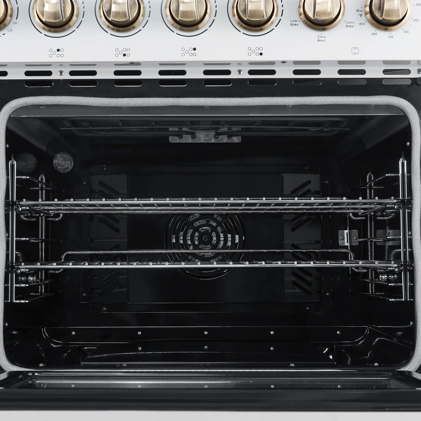 Forno Paolo 48 Inch Freestanding Electric Range in White with Antique Brass, 6.7 cu.ft, True Convection Oven, Energy Efficient FORNO