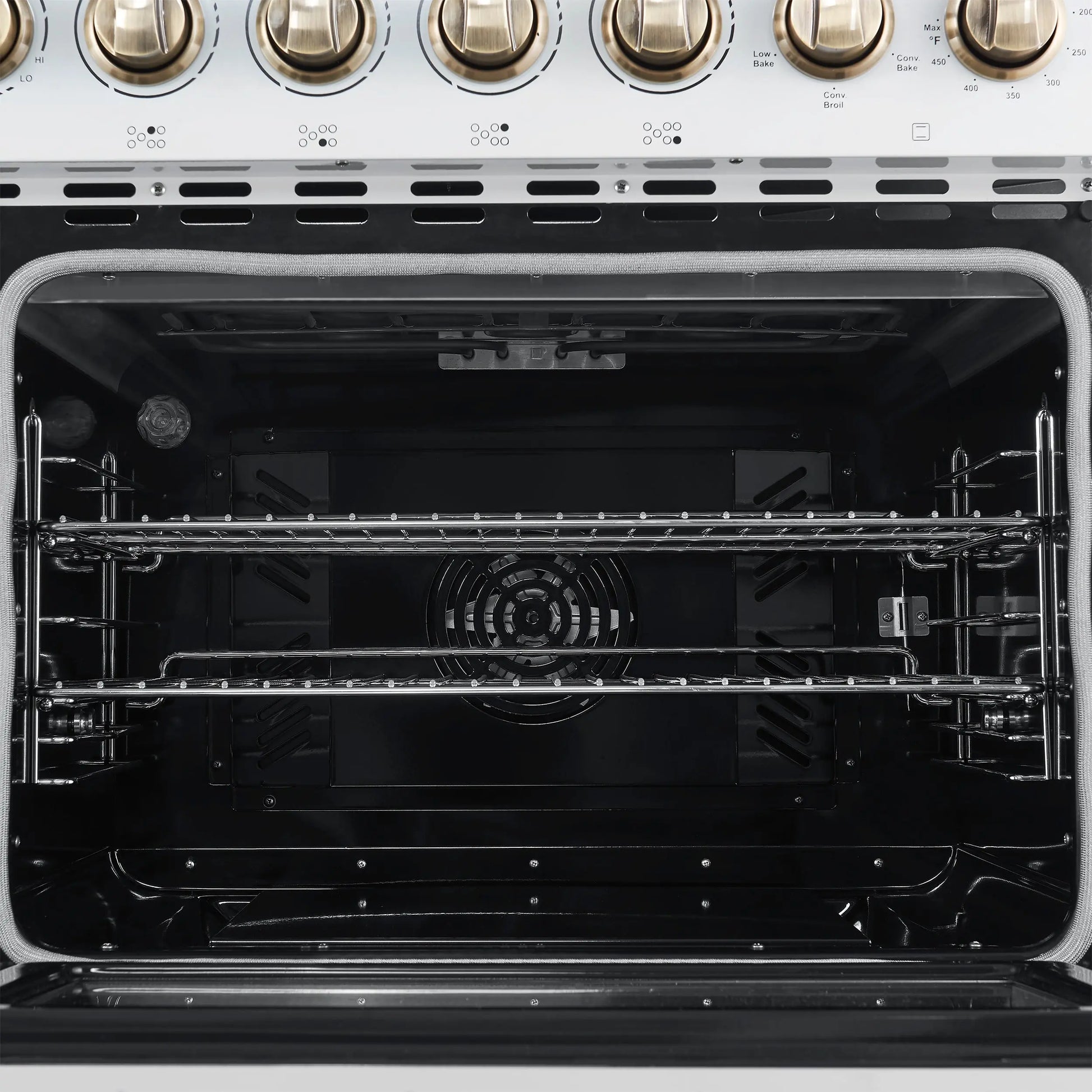 Forno Paolo 48 Inch Freestanding Electric Range in White with Antique Brass, 6.7 cu.ft, True Convection Oven, Energy Efficient FORNO