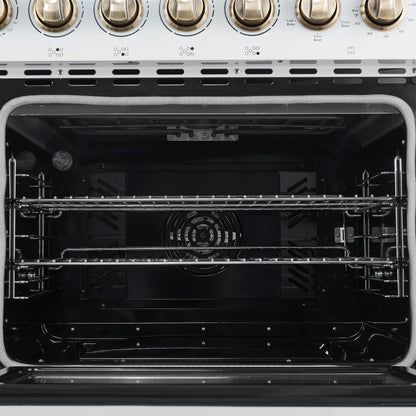 Forno Paolo 48 Inch Freestanding Electric Range in White with Antique Brass, 6.7 cu.ft, True Convection Oven, Energy Efficient FORNO