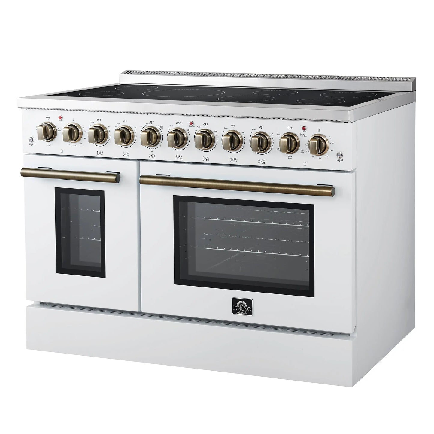 Forno Paolo 48 Inch Freestanding Electric Range in White with Antique Brass, 6.7 cu.ft, True Convection Oven, Energy Efficient FORNO