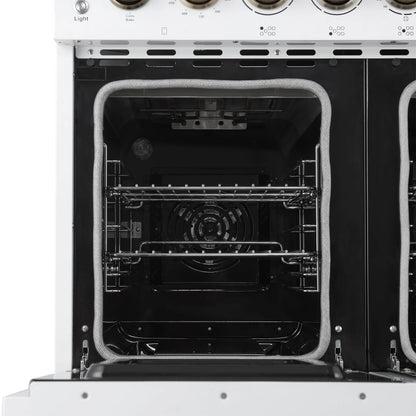 Forno Paolo 48 Inch Freestanding Electric Range in White with Antique Brass, 6.7 cu.ft, True Convection Oven, Energy Efficient FORNO