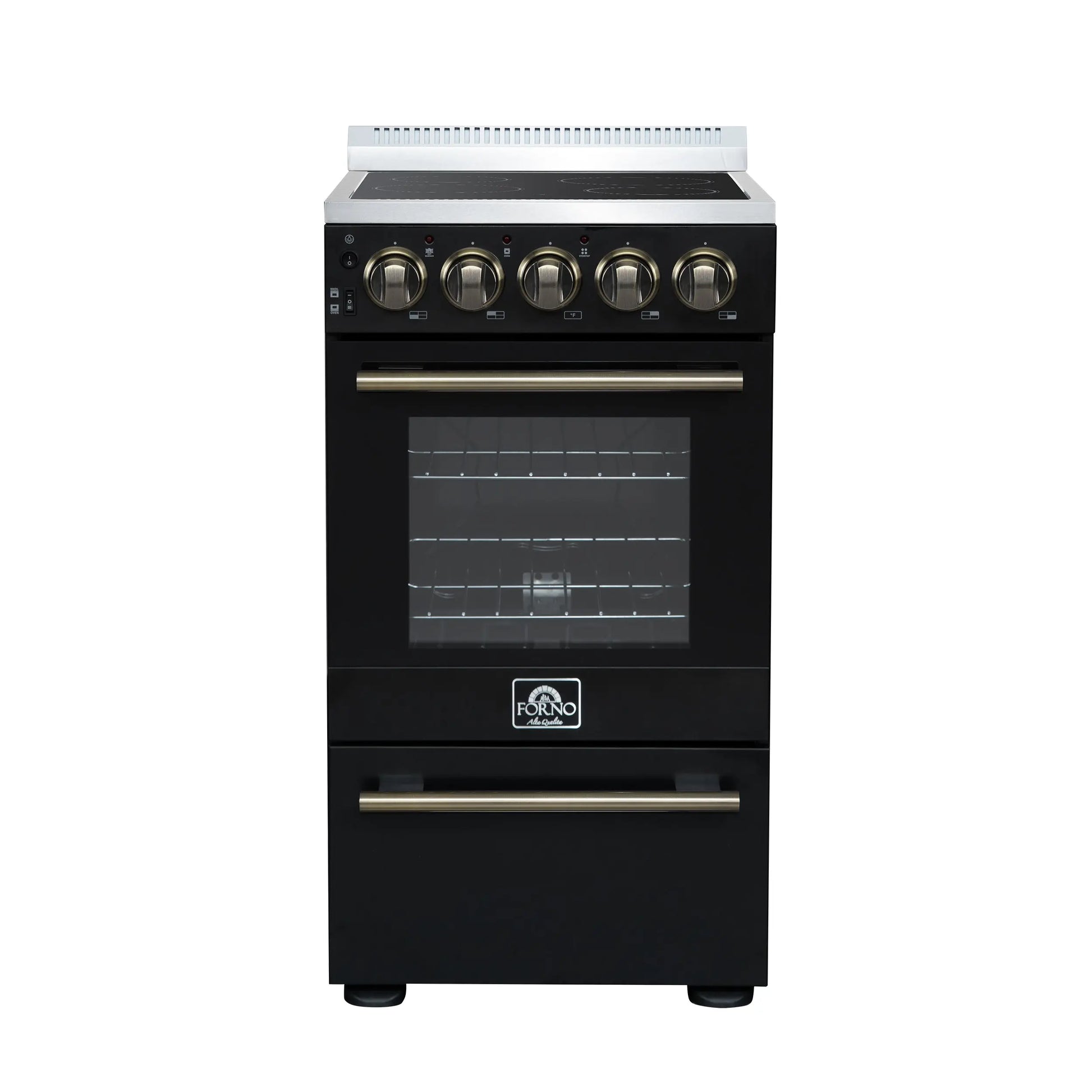 Forno Pallerano 20 Inch Freestanding Electric Range in Black with Antique Brass, Compact Design FORNO