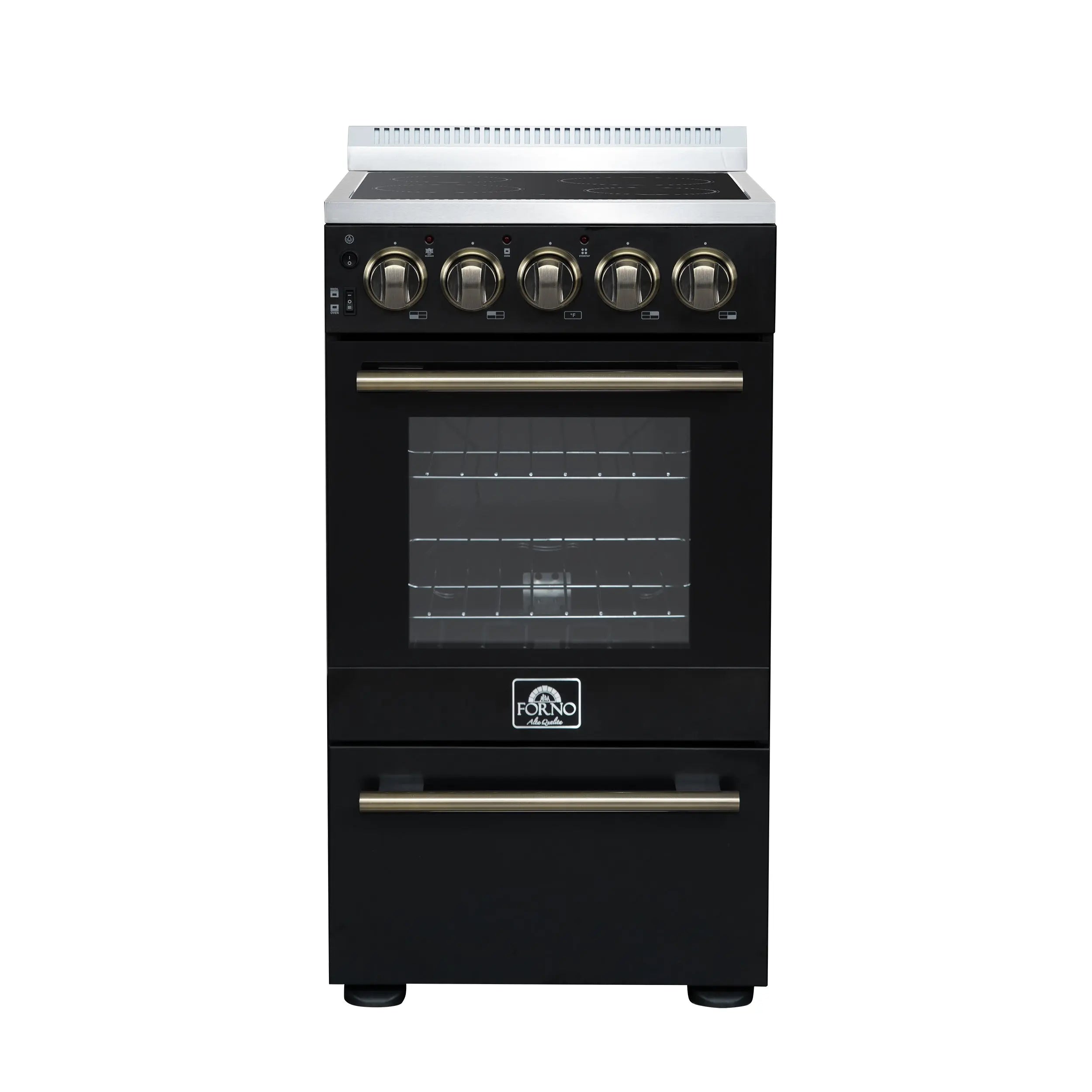 Forno Pallerano 20 Inch Freestanding Electric Range in Black with Antique Brass, Compact Design FORNO