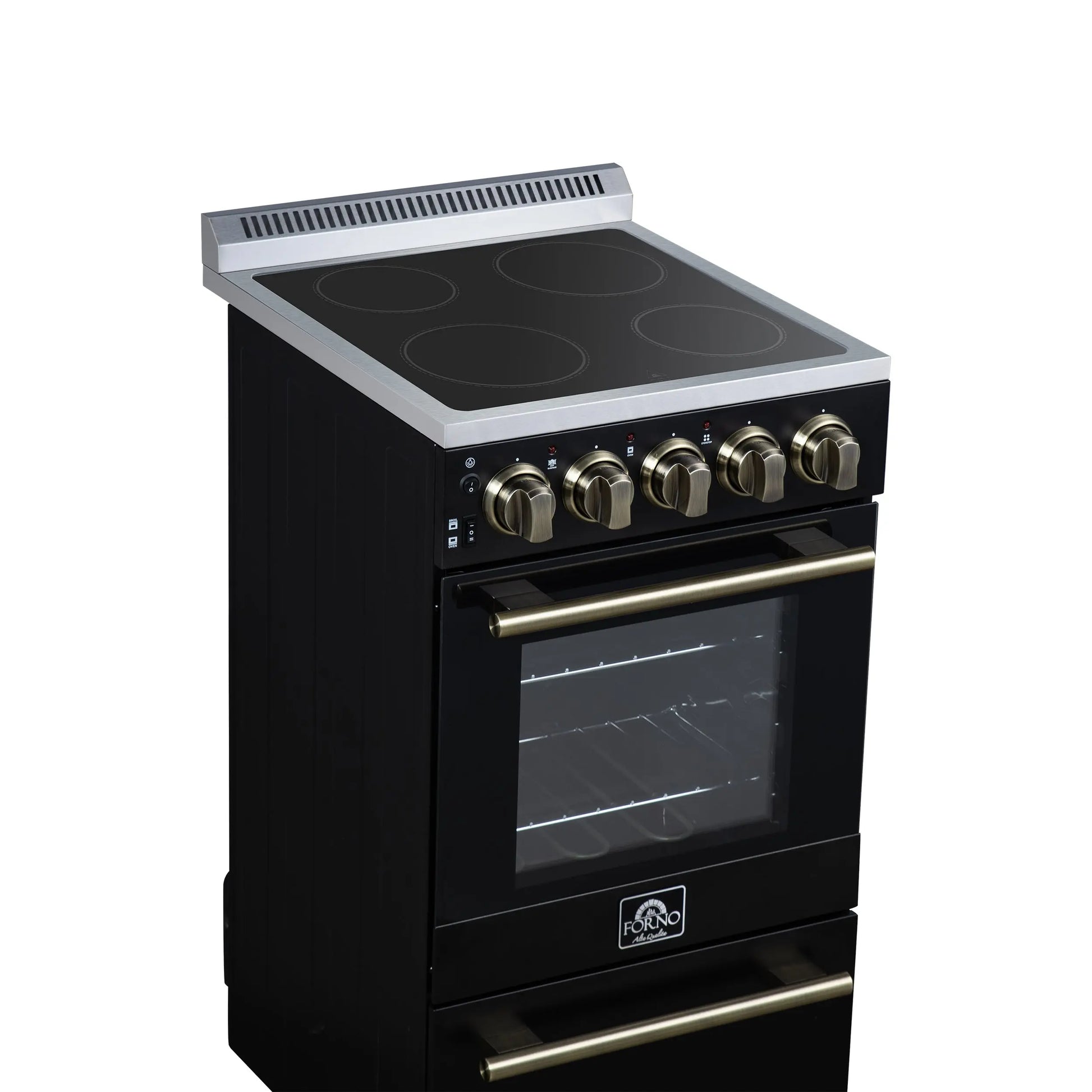 Forno Pallerano 20 Inch Freestanding Electric Range in Black with Antique Brass, Compact Design FORNO