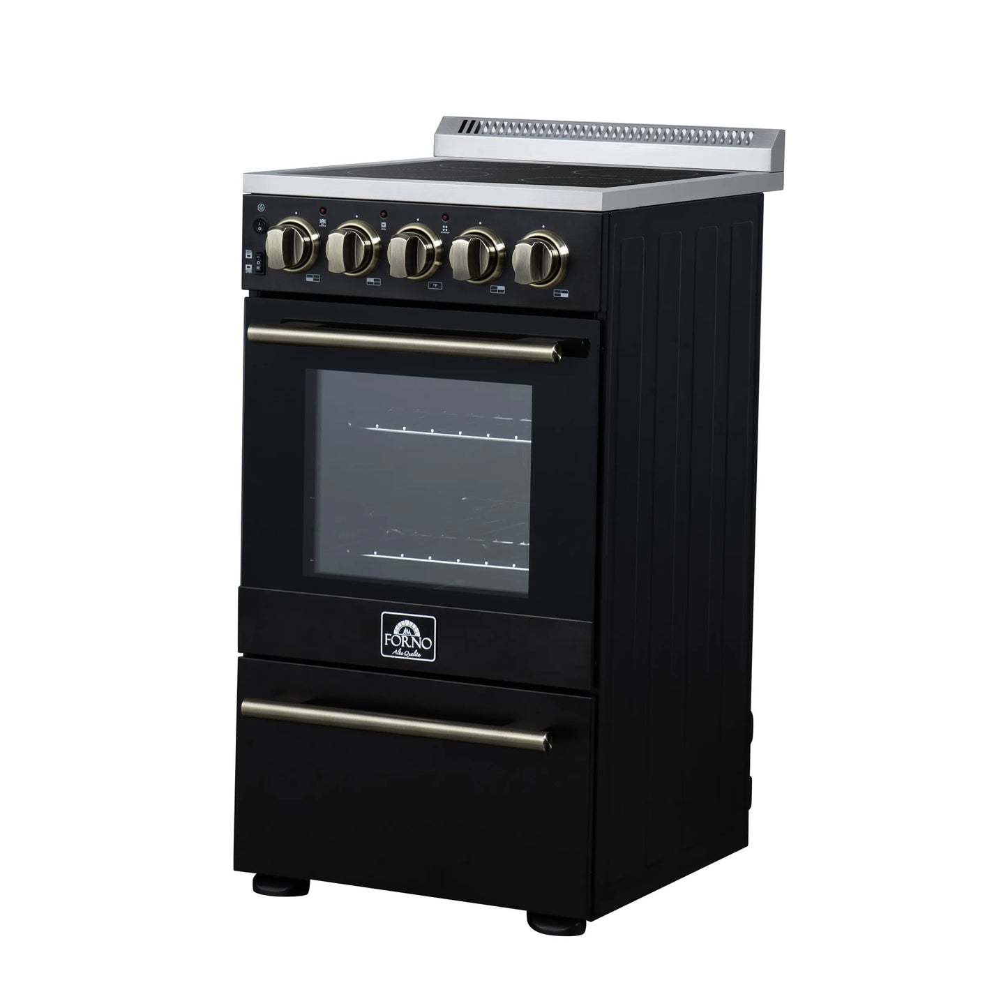 Forno Pallerano 20 Inch Freestanding Electric Range in Black with Antique Brass, Compact Design FORNO