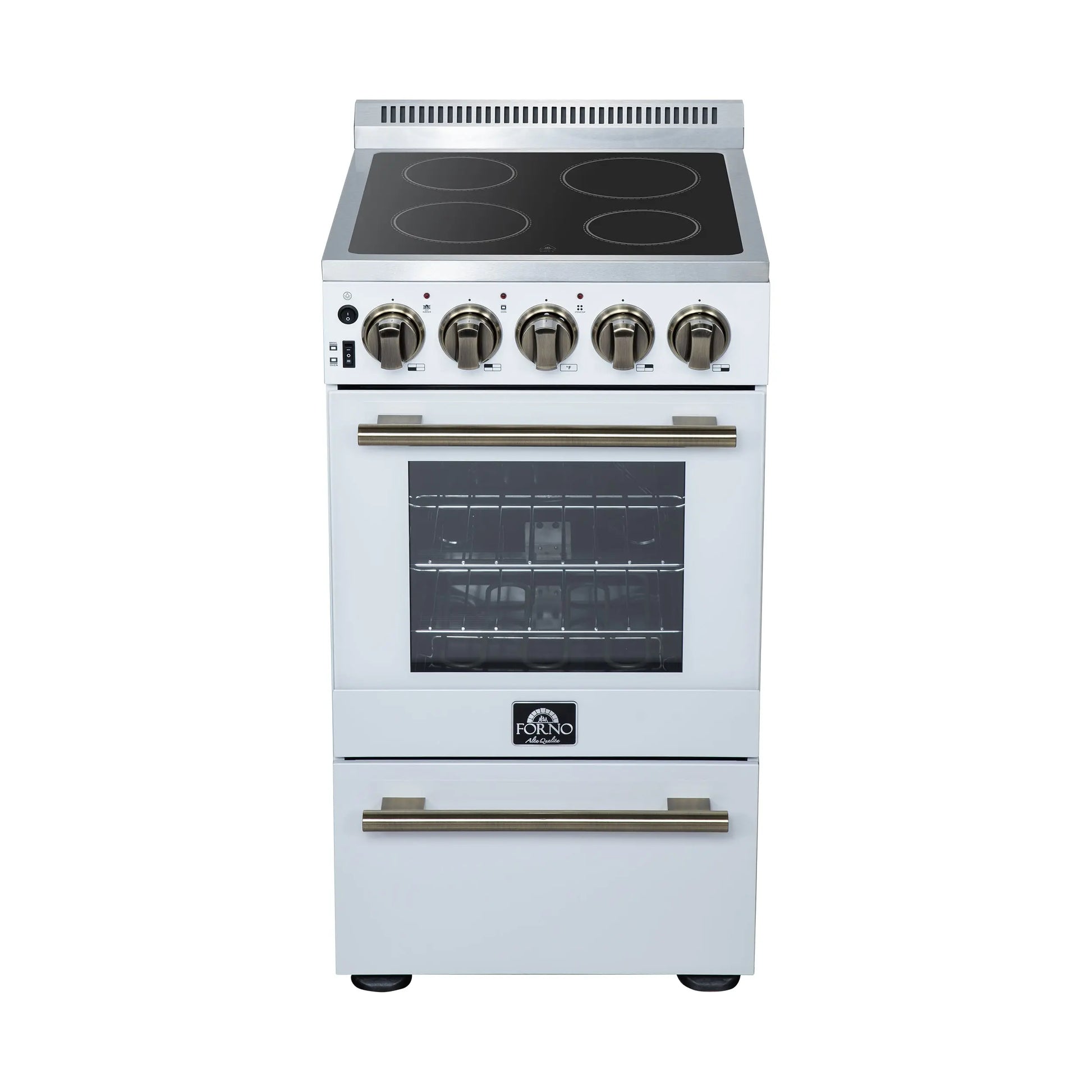 Forno Pallerano 20 Inch Freestanding Electric Range in White with Antique Brass, Compact Design FORNO