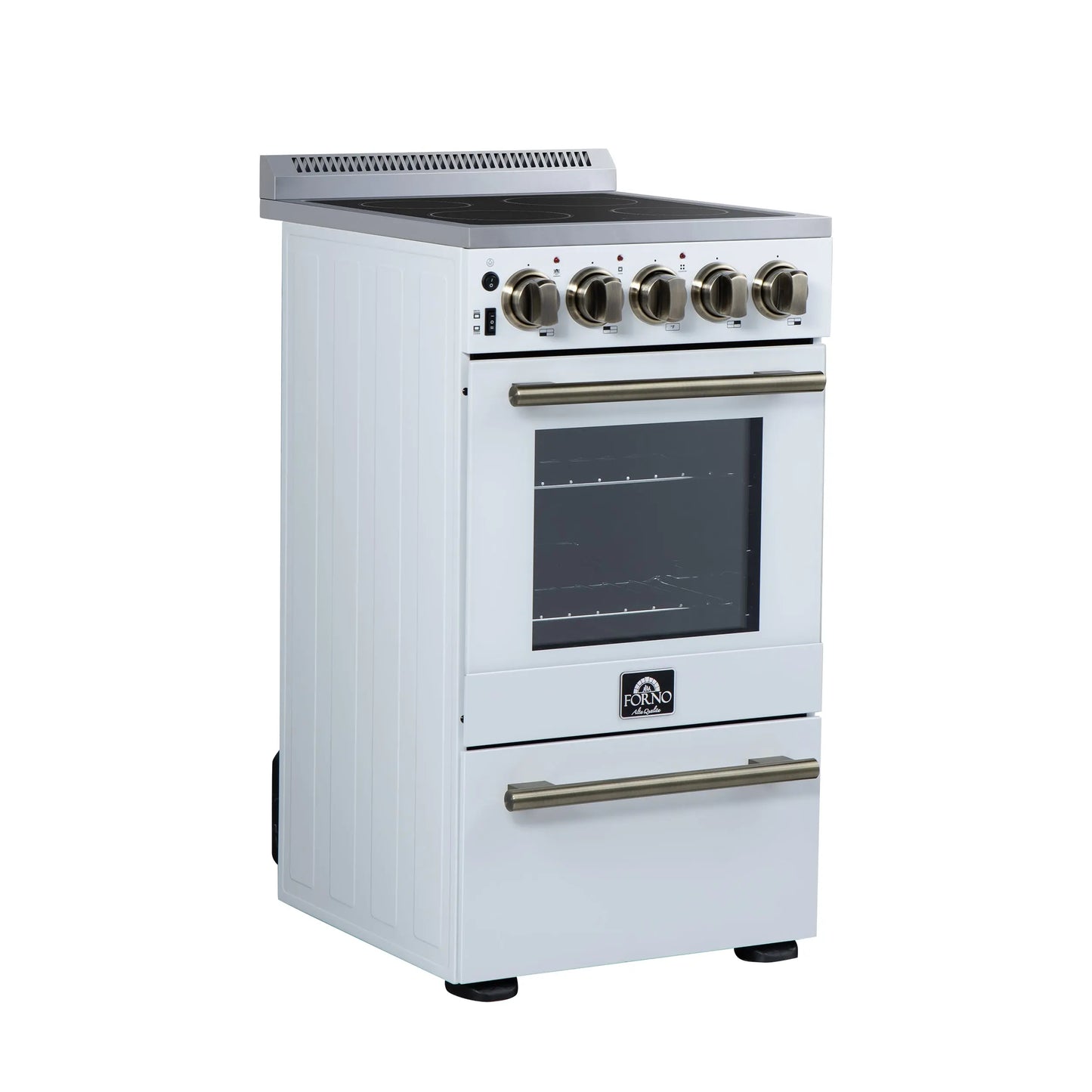 Forno Pallerano 20 Inch Freestanding Electric Range in White with Antique Brass, Compact Design FORNO