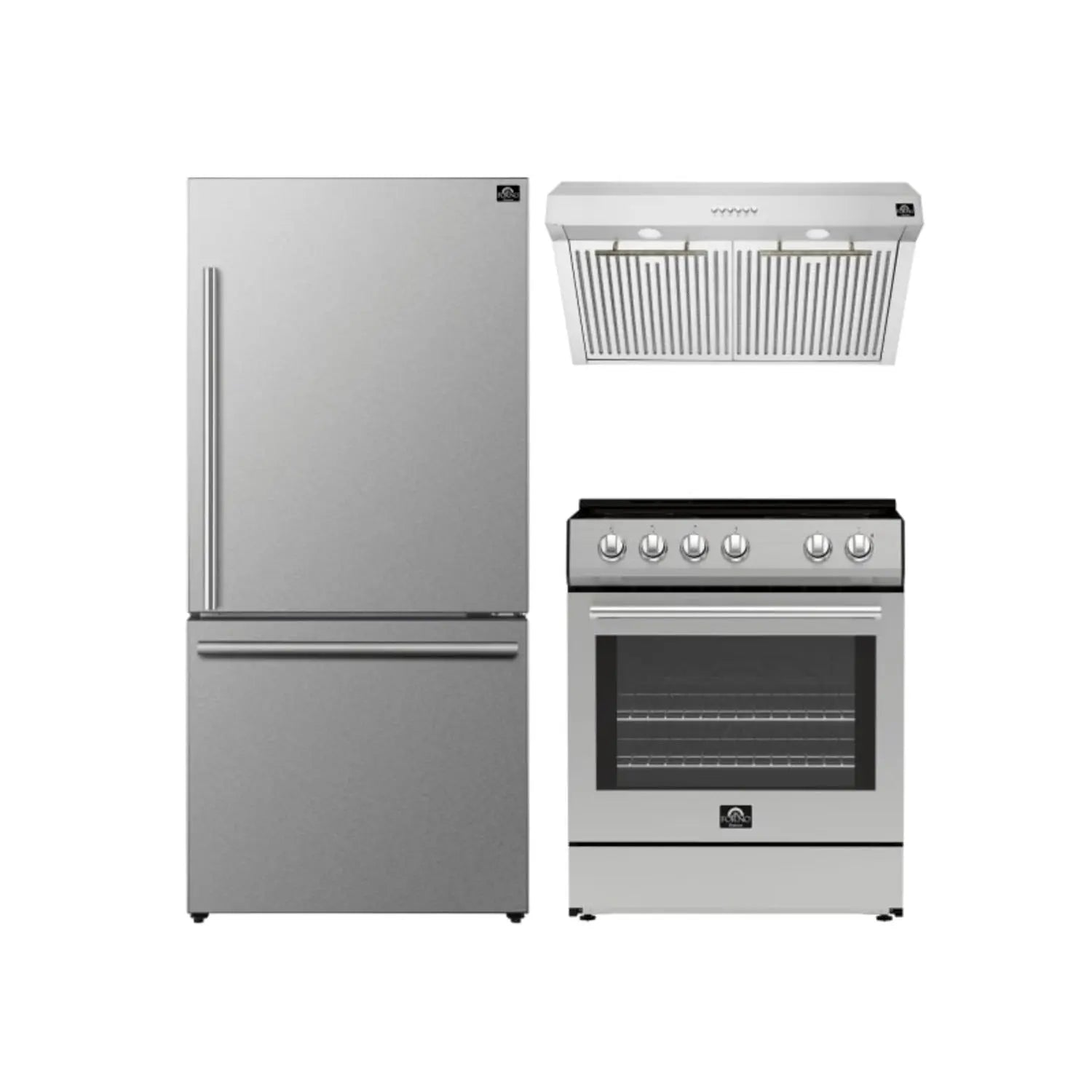 FORNO Premium 3-Piece Kitchen Bundle - Leonardo Espresso 30" Stainless Steel Range, 31" Stainless Steel Bottom Freezer Refrigerator, 30" Stainless Steel Under Cabinet Range Hood - FBDL-001-01US FORNO