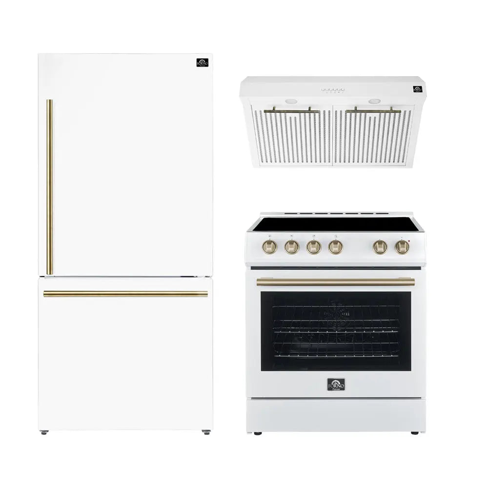 FORNO Premium 3-Piece Kitchen Bundle - Leonardo Espresso 30" White Range, 30" White Range Hood, 31" White Bottom Freezer Refrigerator - FBDL-001-03US FORNO