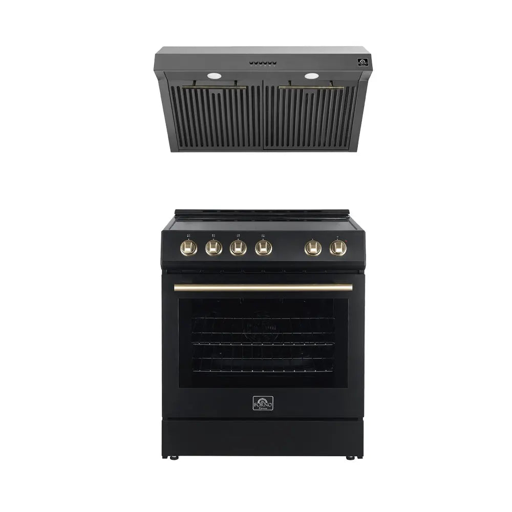 FORNO Premium 2-Piece Kitchen Bundle - Leonardo Espresso 30" Black Range, 30" Black Range Hood - FBDL-002-02US FORNO