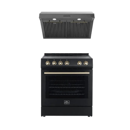 FORNO Premium 2-Piece Kitchen Bundle - Leonardo Espresso 30" Black Range, 30" Black Range Hood - FBDL-002-02US FORNO